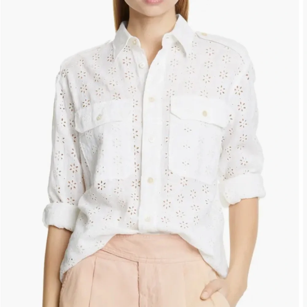 Polo Ralph Lauren Eyelet Linen Shirt Women's Size Medium White Button Down - Picture 1 of 6